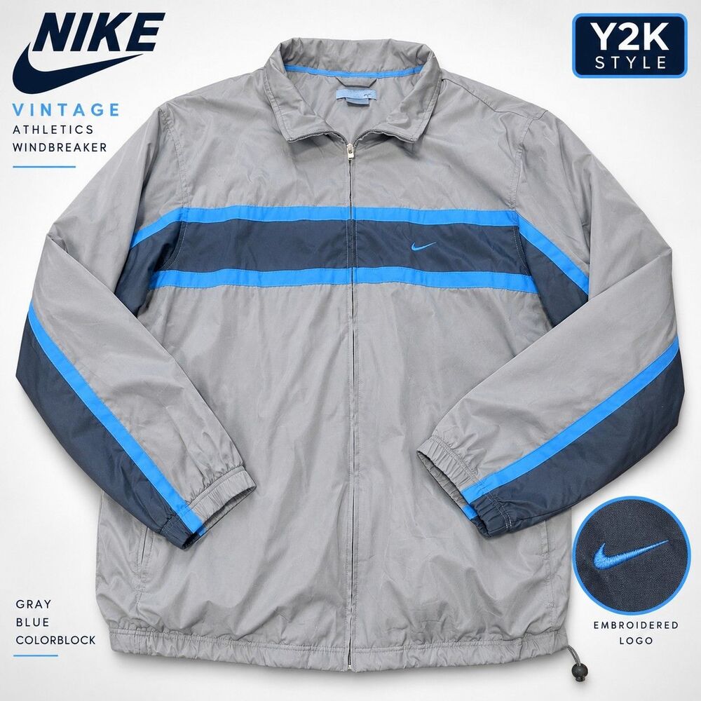 Vintage Nike Athletics Windbreaker Gray Blue Colorblock Track Jacket Y2K